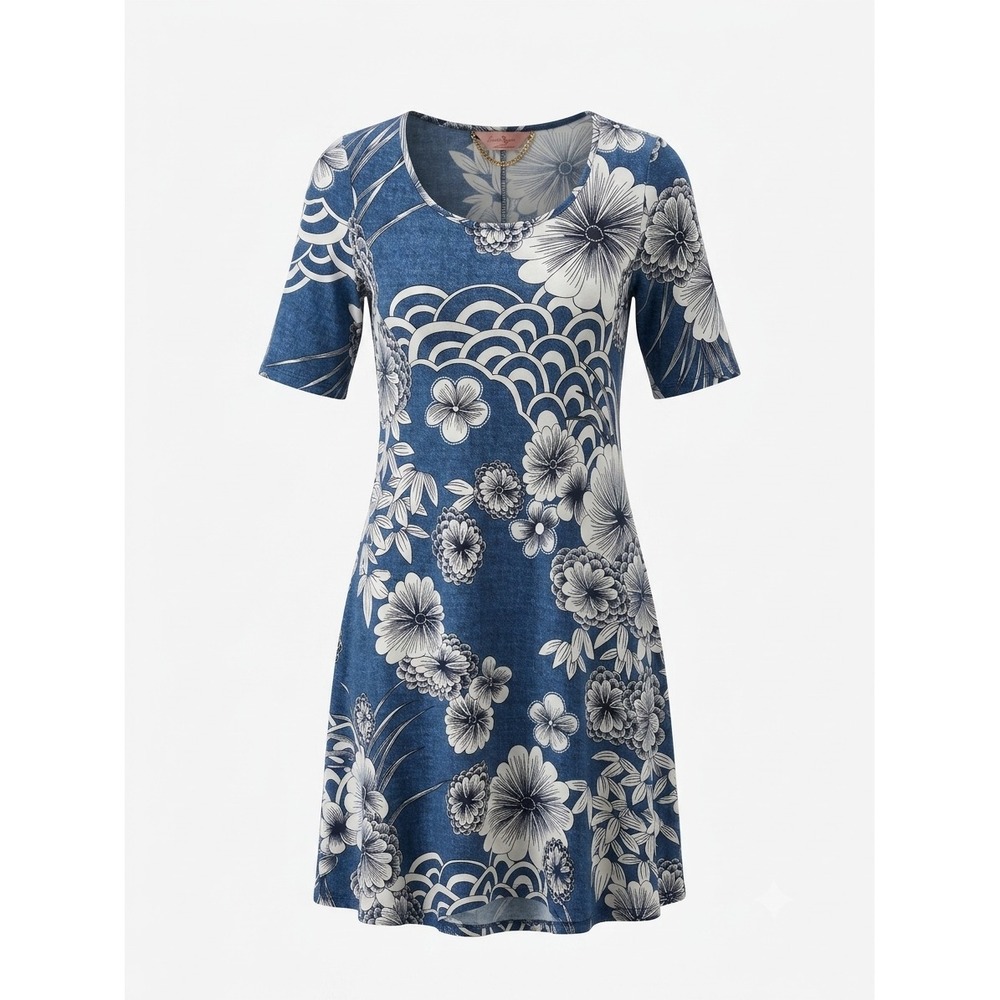 SJS Womens Blue White Floral Cottagecore Print Short Sleeve A-Line Shift Dress M